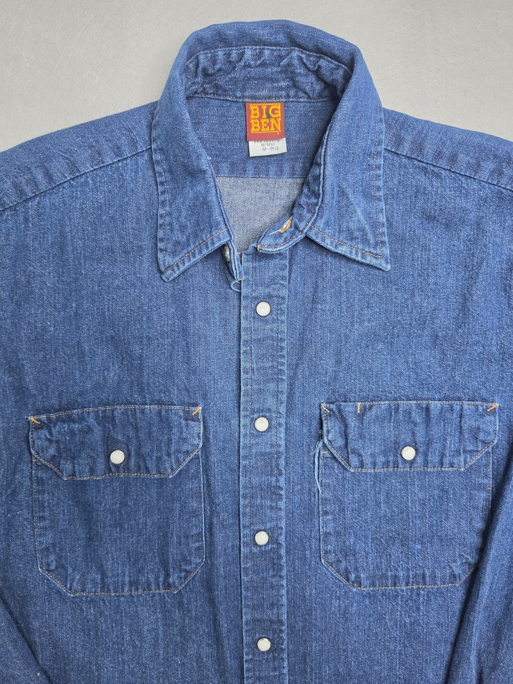 VTG Big Ben‎ Wrangler Denim Shirt Mens Medium Tall Pearl Snap Button Long Sleeve